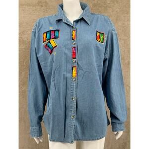 Tri-Mountain Top Womens XL Blue Button Up Tunic Denim Cat Lady Artsy 100% Cotton